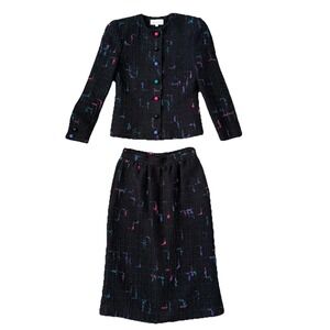 Vintage 80s Glam Power Suit Womens 8 Neon Tweed Jacket Skirt Set Office Siren